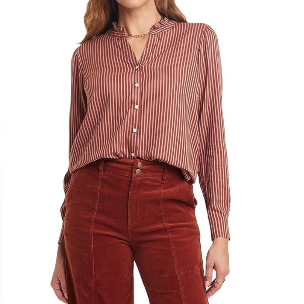 Knox Rose Rust Brown Striped Ruffle Neck Snap Button Top Medium